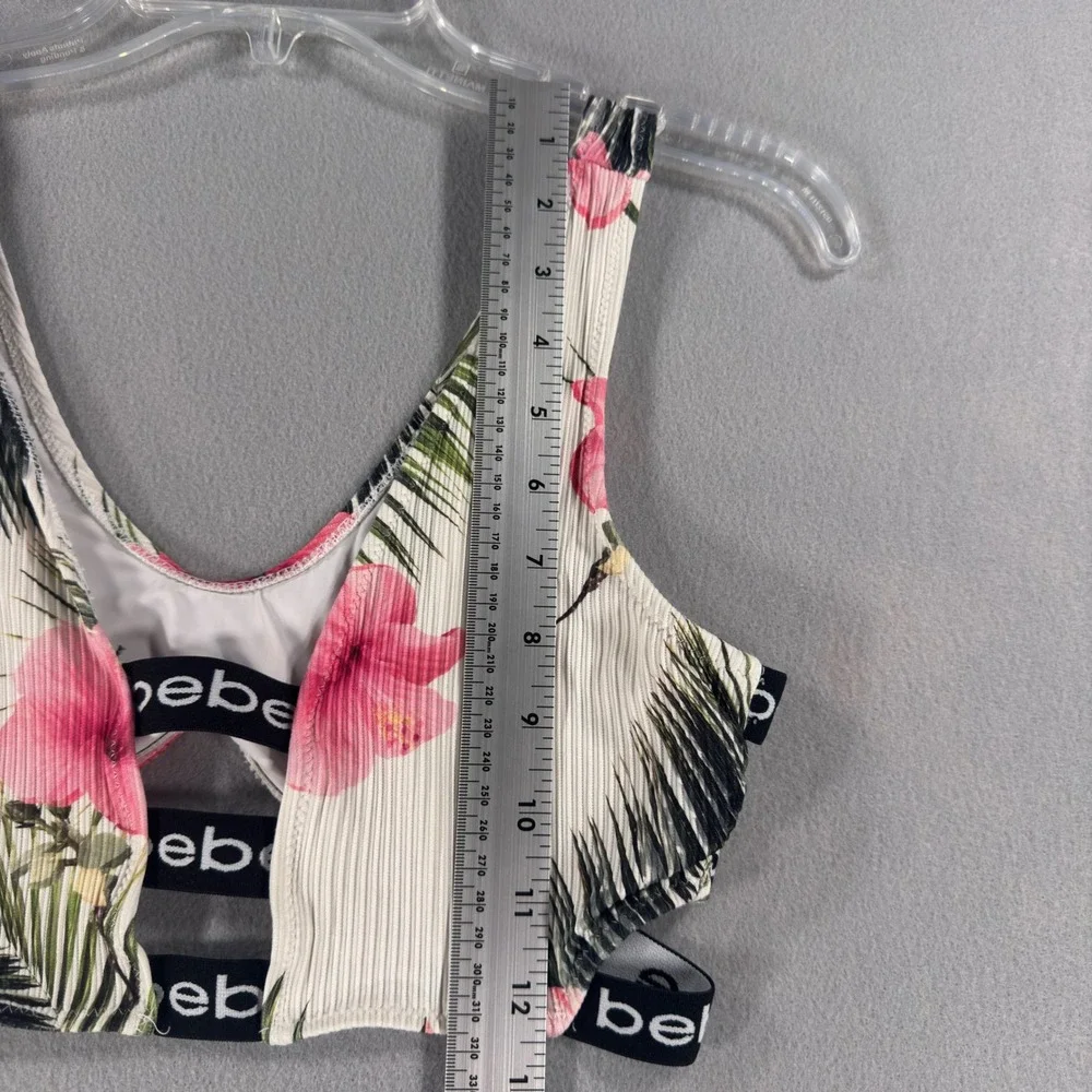 Bebe Women Tropical Floral Ribbed Bikini Set Logo Strappy High Waist White S